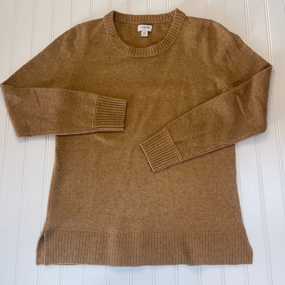 J.Crew Womens XS Camel Brown Wool Blend Ribbed Trim Crewneck Sweater Pullover